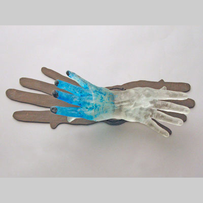 Hands & Hanging - Pull you / Push me - Two hands pulling in opposite directions. Cast glass & steel