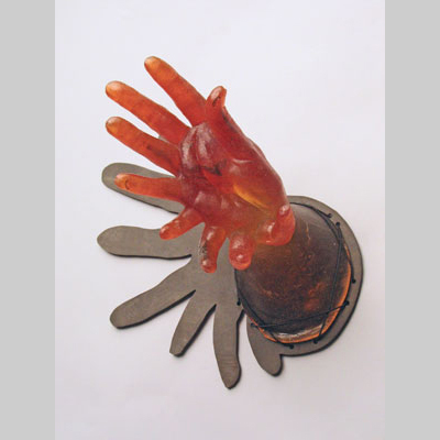 Hands & Hanging - Sign Language - A lipped hand with extra digits. Kiln-cast lead crystal & steel