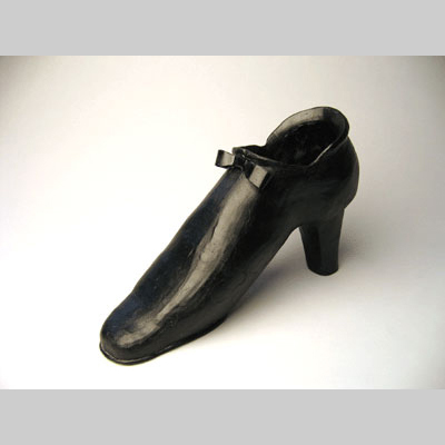 Shoes & Socks - Black Tie - One of many extra large shoes inspired by the lyrics from a Tom Lehrer song, <a href='http://carolmilne.com/lehrer.html'>The Wiener Schnitzel Waltz</a>.  Kiln-Cast lead crystal