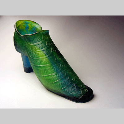 Shoes & Socks - Kamikaze - One of many extra large shoes inspired by the lyrics from a Tom Lehrer song, <a href='http://carolmilne.com/lehrer.html'>The Wiener Schnitzel Waltz</a>. Kiln-Cast lead crystal
