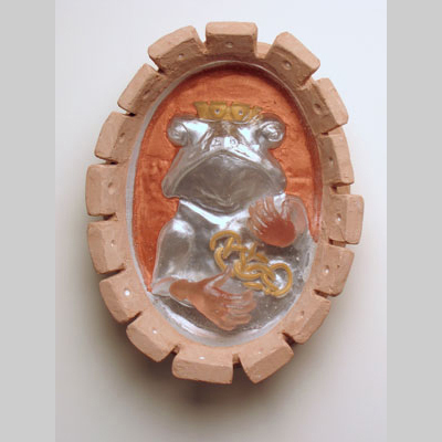 Hands & Hanging - Emerging Prince #2 - A frog inside the looking glass, with two human hands extending on the outside. Kiln-Cast lead crystal, cast glass & concrete