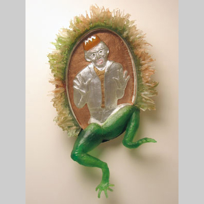 Hands & Hanging - The Frog Prince - A prince trapped inside the looking glass with frog's legs extending outside the glass. Kiln-Cast lead crystal & cast glass