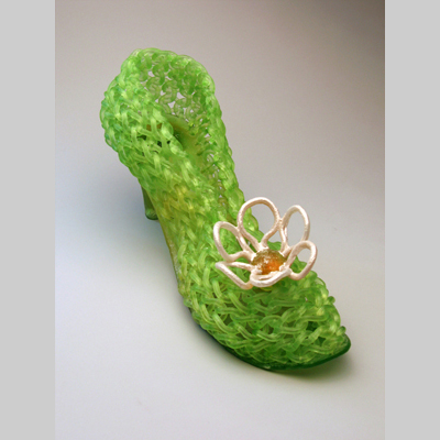 Shoes & Socks - Margarita - One of many extra large shoes inspired by the lyrics from a Tom Lehrer song, The Wiener Schnitzel Waltz. Kiln-Cast lead crystal knitted glass