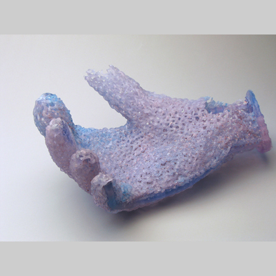 Hands & Hanging - Darn It - A second fraying, knitted glove with a pun for a title. Kiln-Cast lead crystal knitted glass