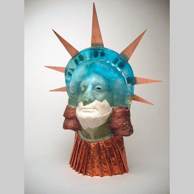 Portraits & People - Patriot - A true "patriot" with bandaged mouth being spied on from within. kiln cast lead crystal, copper & concrete
