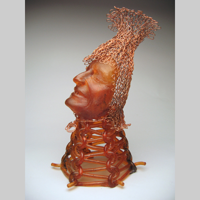 Portraits & People - Knit Wit - Self-portrait in knitted glass and knitted copper. kiln cast lead crystal  knitted glass & copper