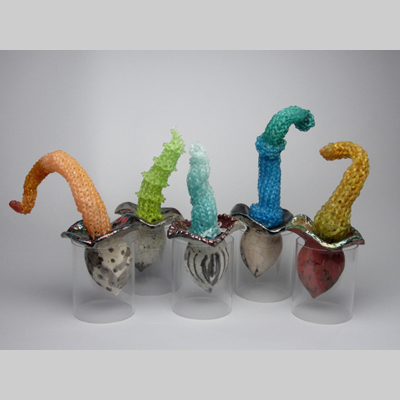Knitting & Knitted - Conquistadors (vertical) - Inspired by exotic invasive species Kiln-Cast lead crystal knitted glass & raku