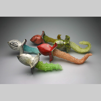 Knitting & Knitted - Conquistadors (horizontal) - Inspired by exotic invasive species Kiln-Cast lead crystal knitted glass & raku