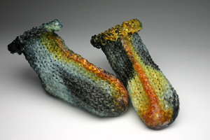 Fire & Brimstone, kiln cast lead crystal, Carol Milne, cast glass, knitted glass