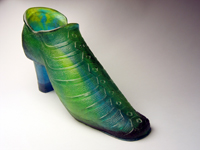 Kamikaze, Carol Milne, kiln cast lead crystal, cast glass, shoes, glass slipper, sculpture