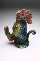 Cock-a-Doodle-Doo, Teapot, kiln cast lead crystal, Carol Milne, knitted glass, cast glass